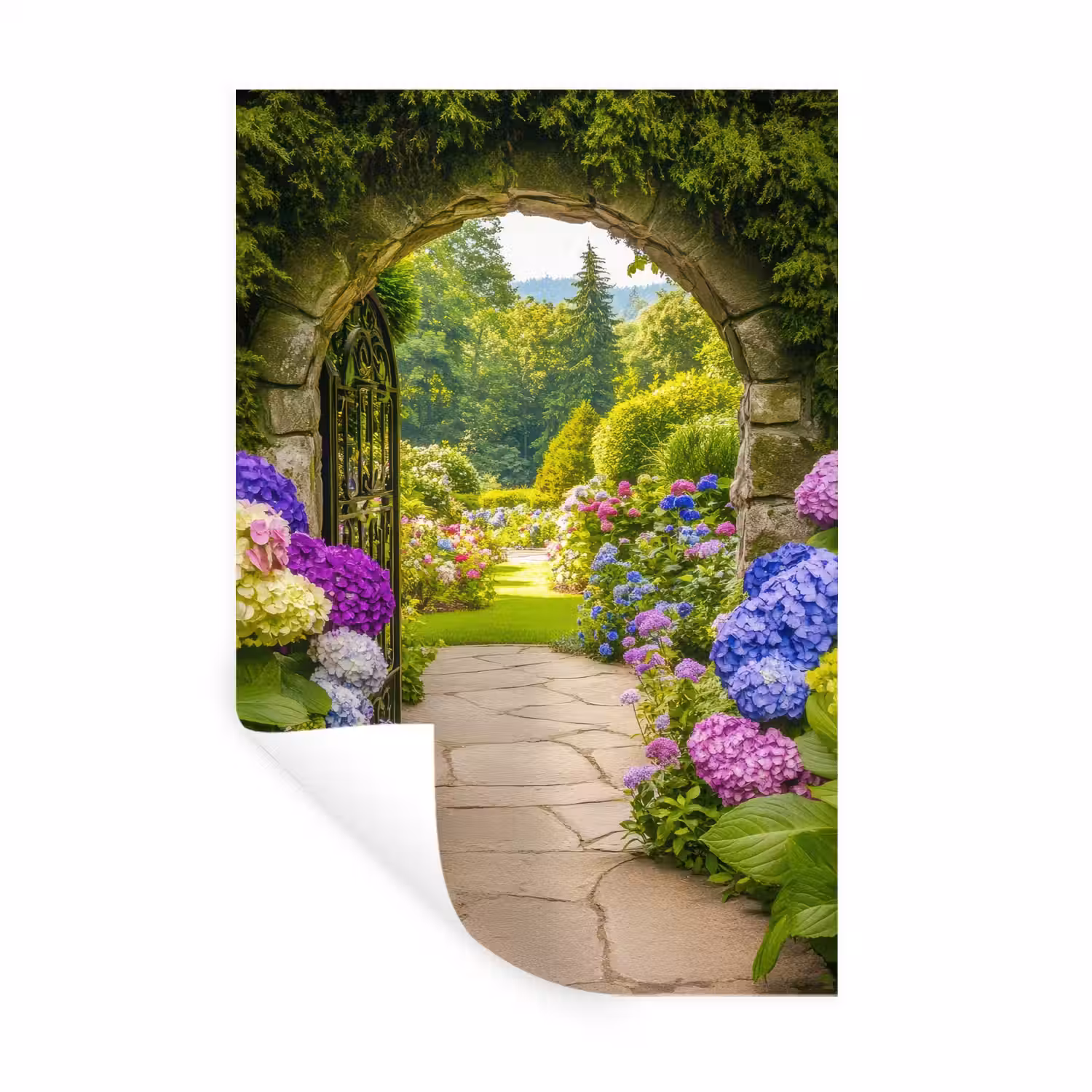 Doorkijk - Poort - Hortensia - Bloementuin Muursticker klein -3d