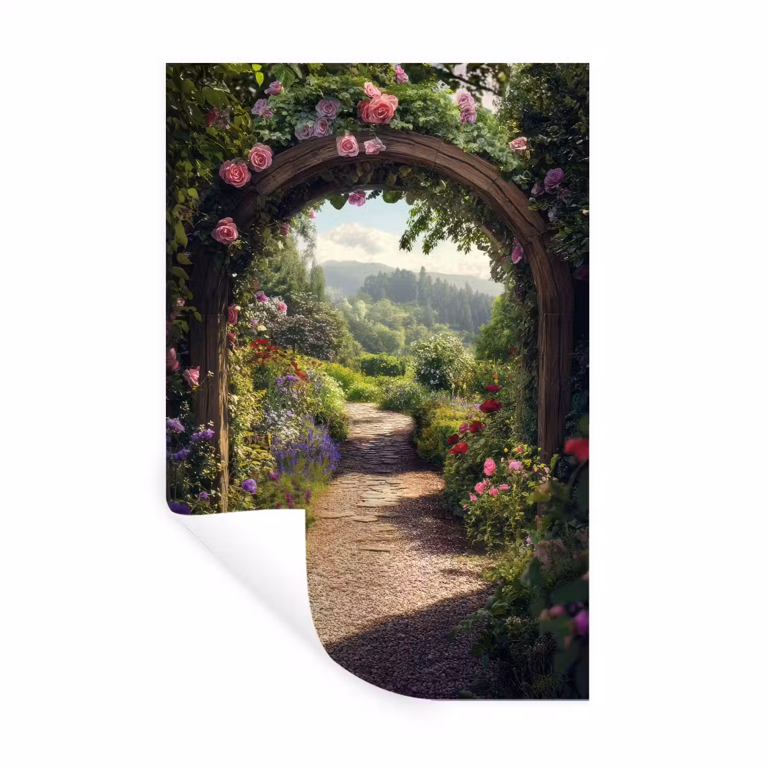Doorkijk - Landschap - Bloemen - Rozenboog - Natuur Muursticker klein -3d