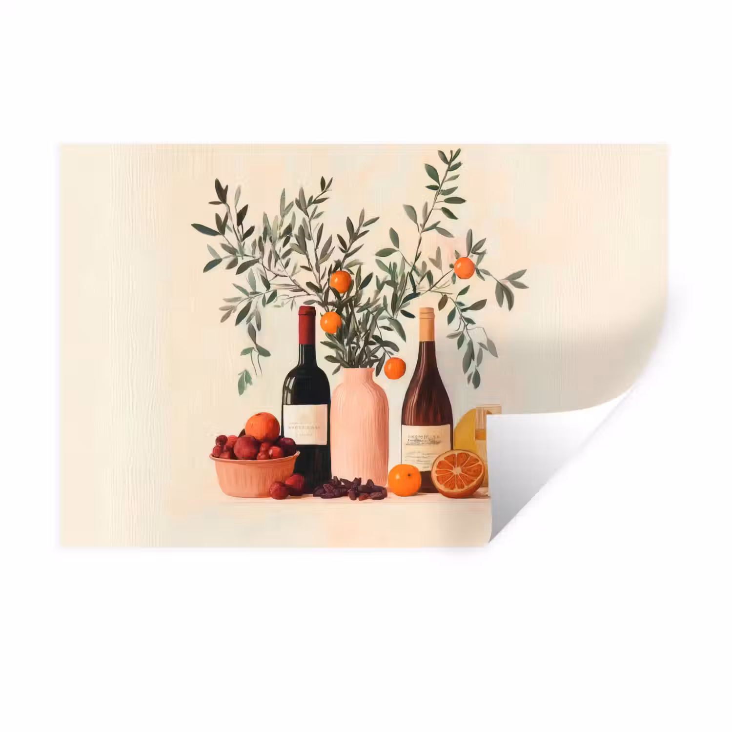 Wijnflessen - Takken - Sinaasappels Muursticker klein -3d