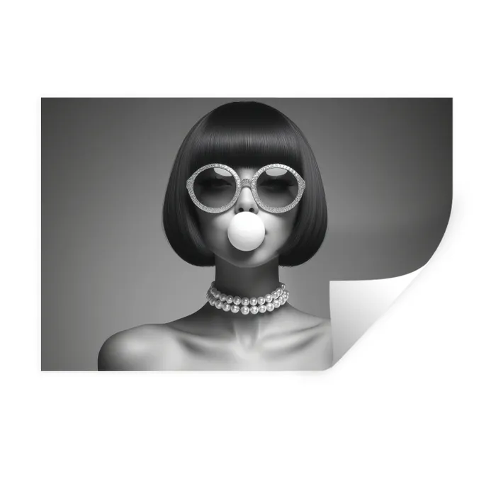 Vrouw - Zwart Wit - Ketting - Zonnebril Muursticker klein -3d