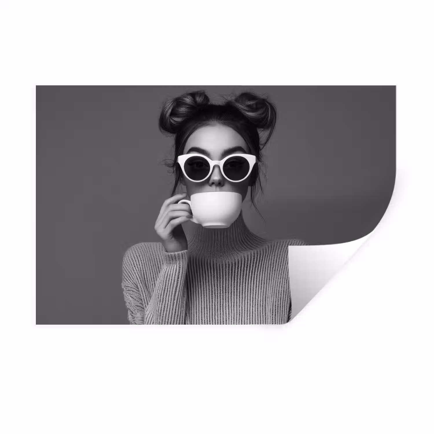 Vrouw - Koffie - Zwart - Wit Muursticker klein -3d