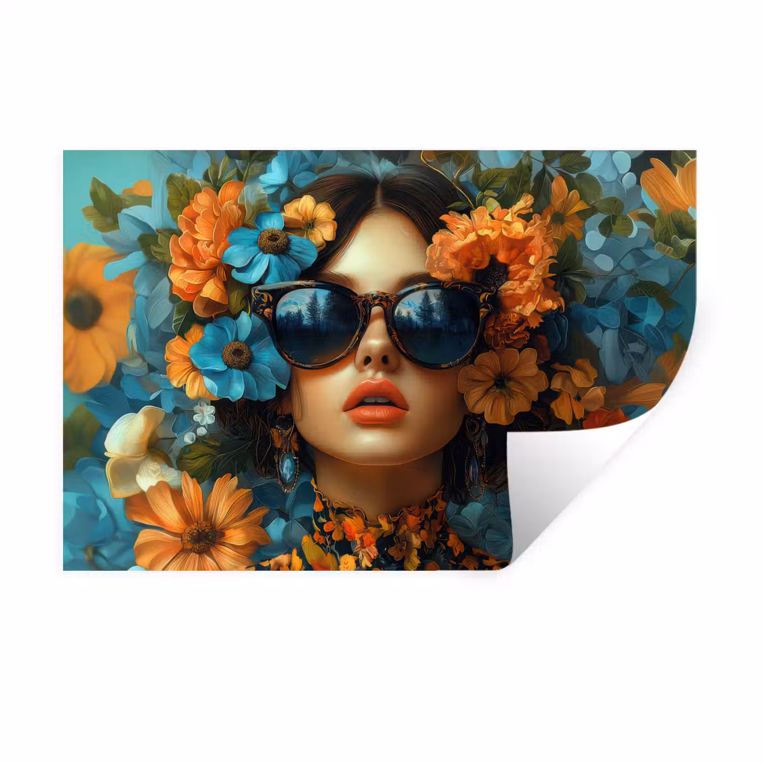 Vrouw - Bloemen - Oranje - Blauw - Modern Muursticker klein -3d