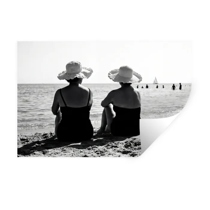 Vrouwen - Zonnehoed - Strand - Zwart - Wit Muursticker klein -3d