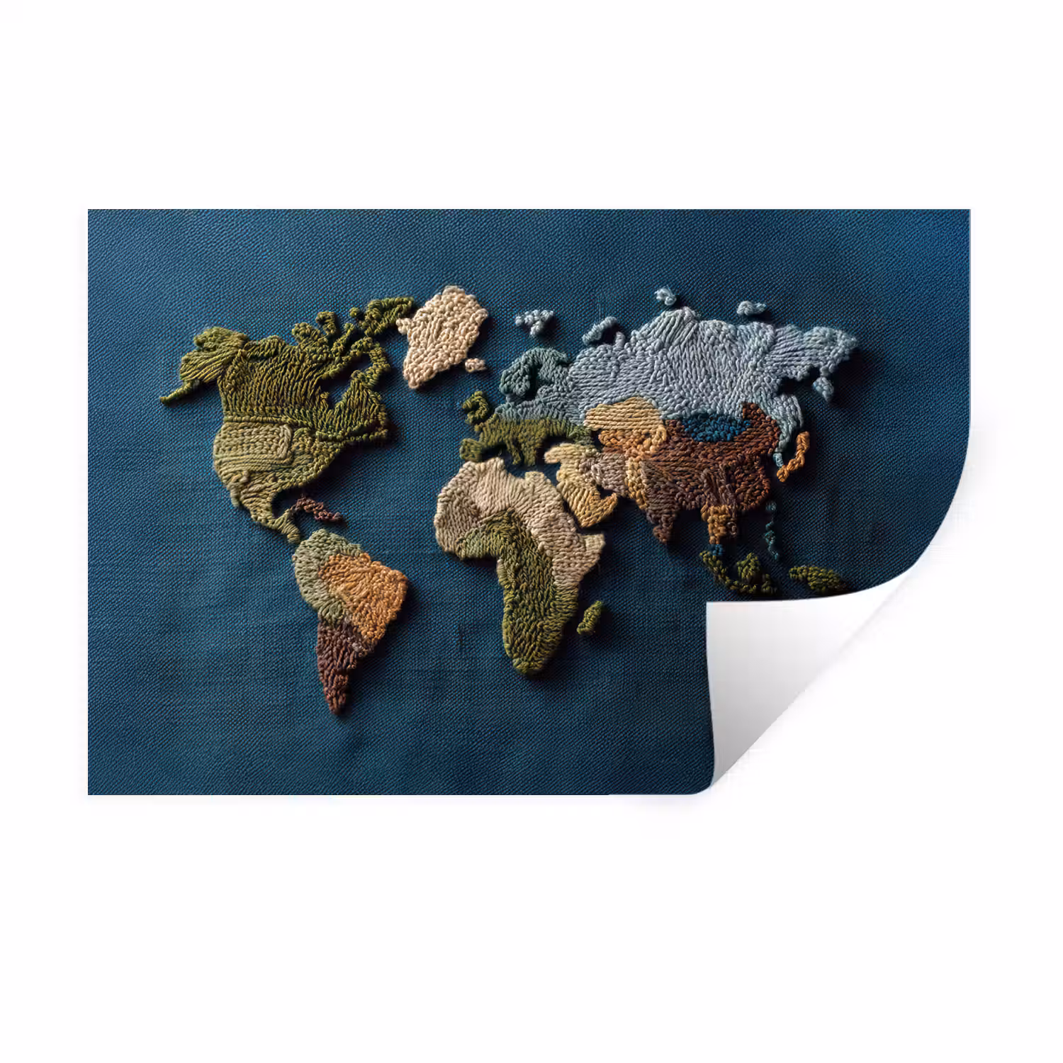 Wereldkaart - Geborduurd - Verschillende tinten Muursticker klein -3d