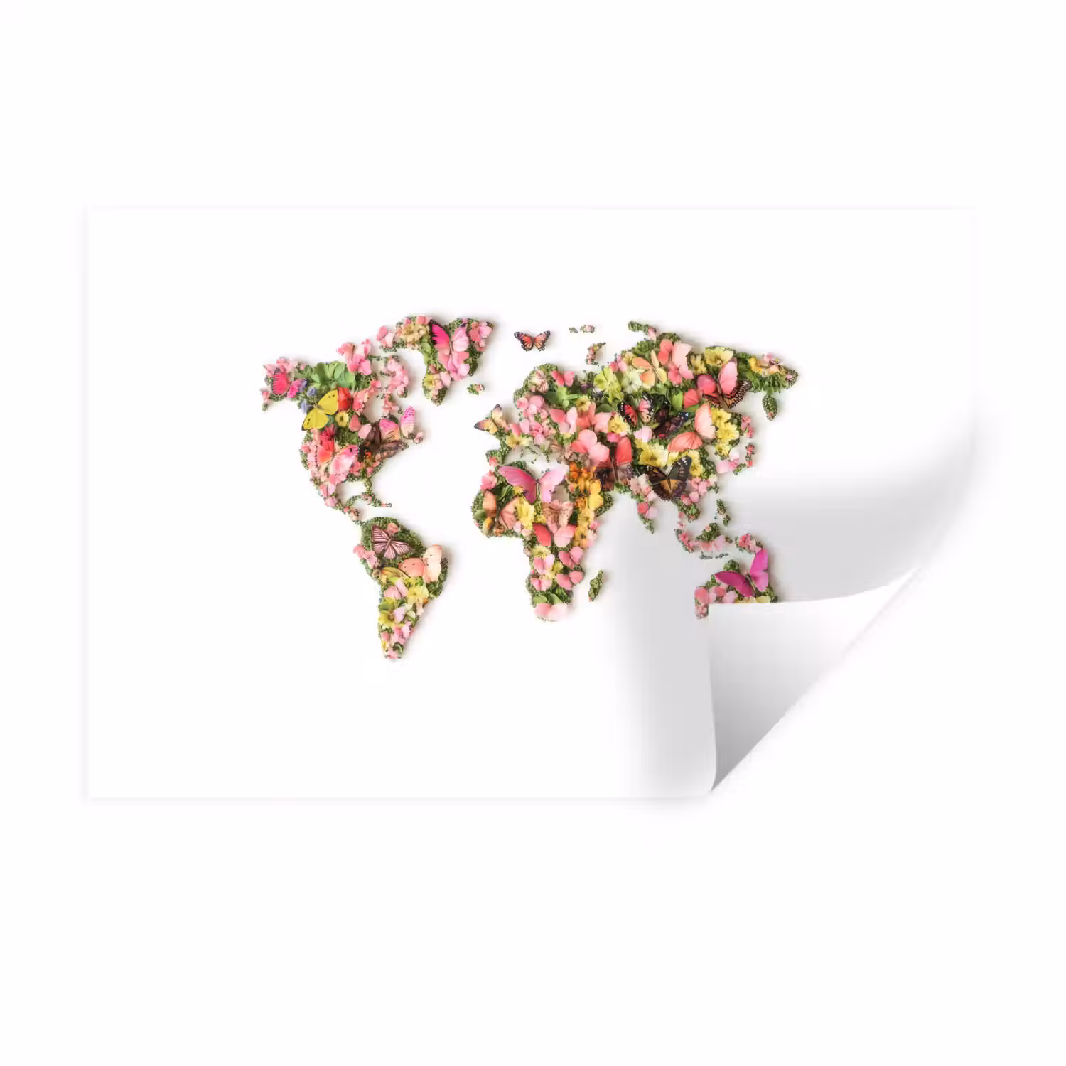 Wereldkaart - Bloemen - Felgekleurd Muursticker klein -3d