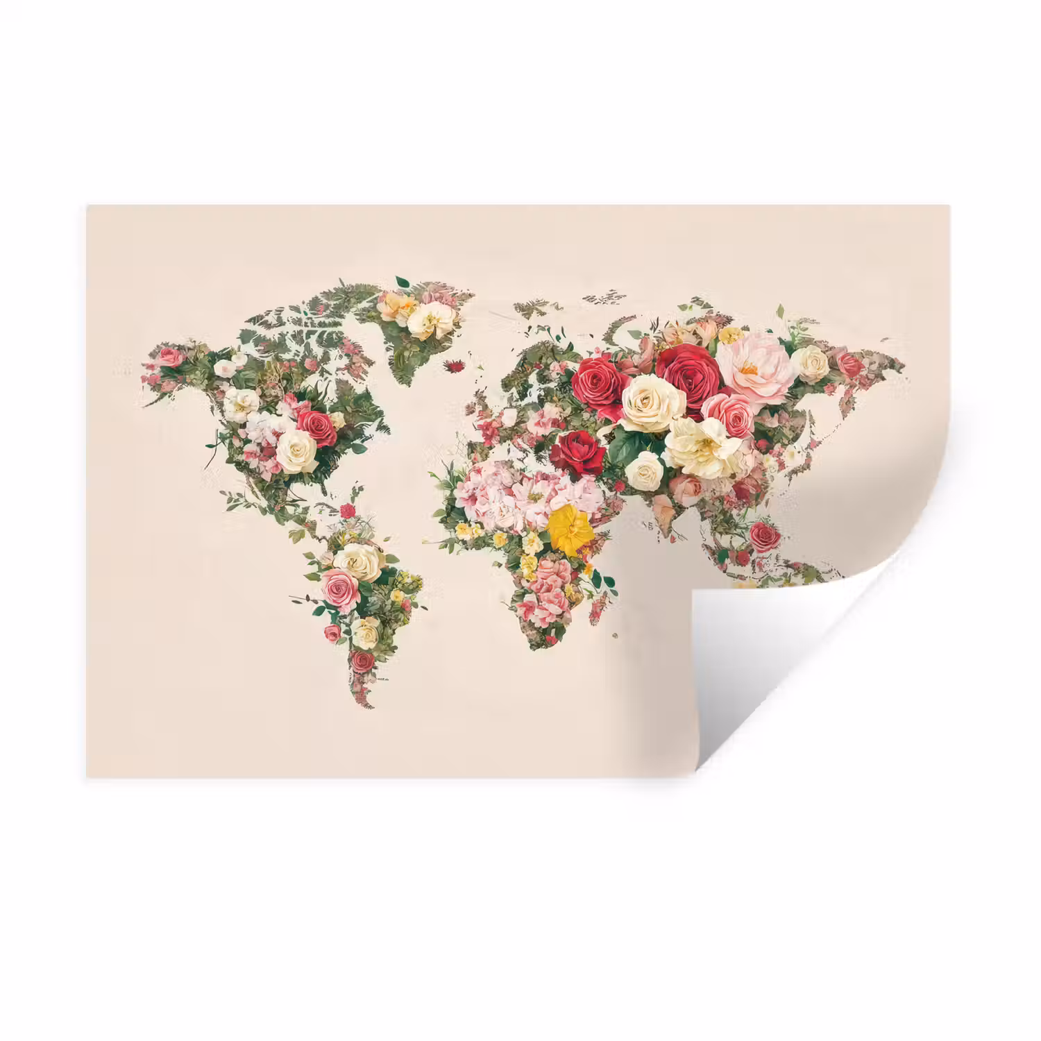 Wereldkaart - Bloemen - Roze Muursticker klein -3d
