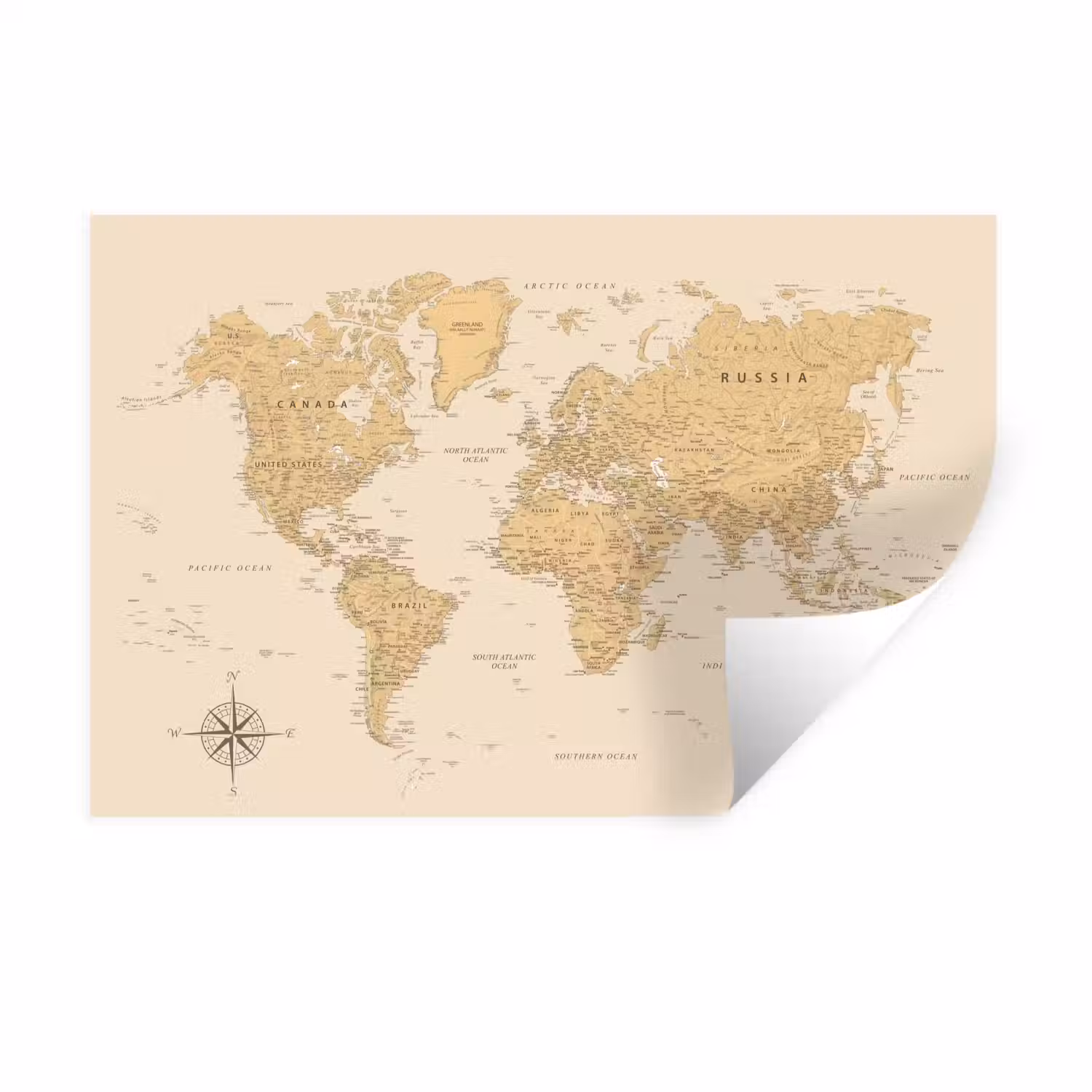 Wereldkaart - Realistisch - Beige Muursticker klein -3d