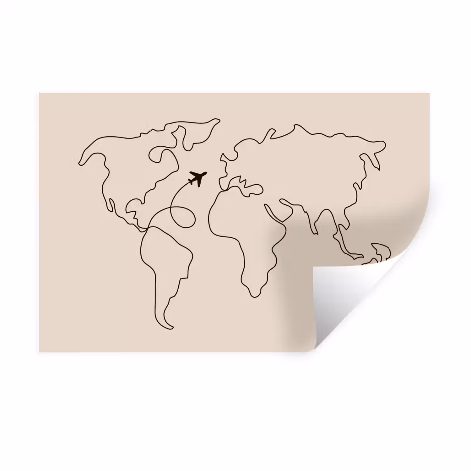 Wereldkaart - Simpel - Vliegtuig Muursticker klein -3d