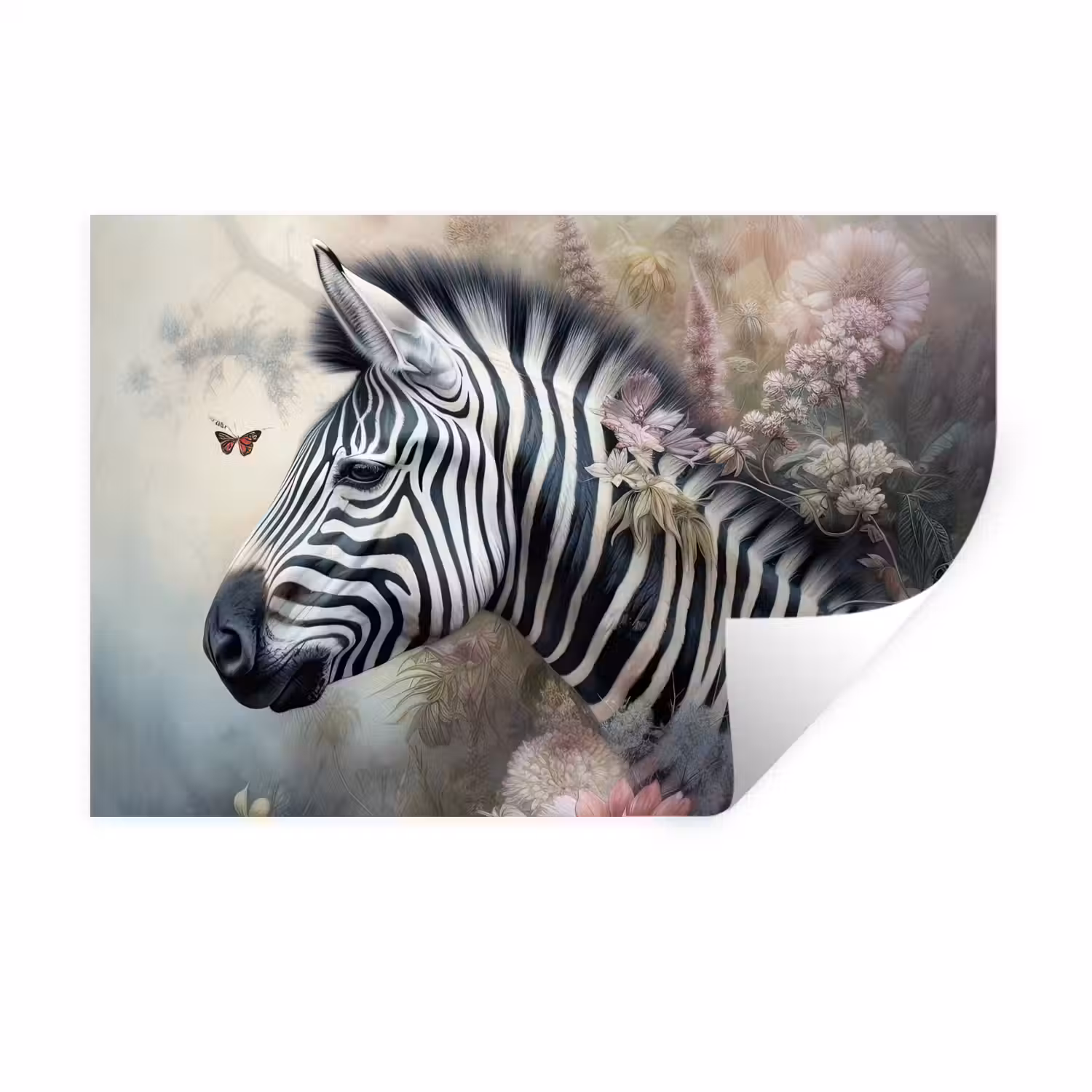 Zebra - Wilde dieren - Vlinder - Bloemen Muursticker klein -3d