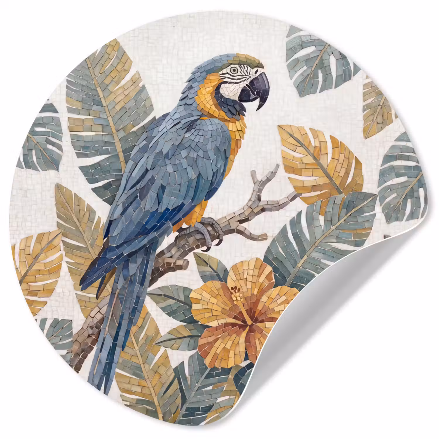 Vogel - Tak - Natuur - Mozaïek - Blauw Wandcirkel behangsticker klein -3d