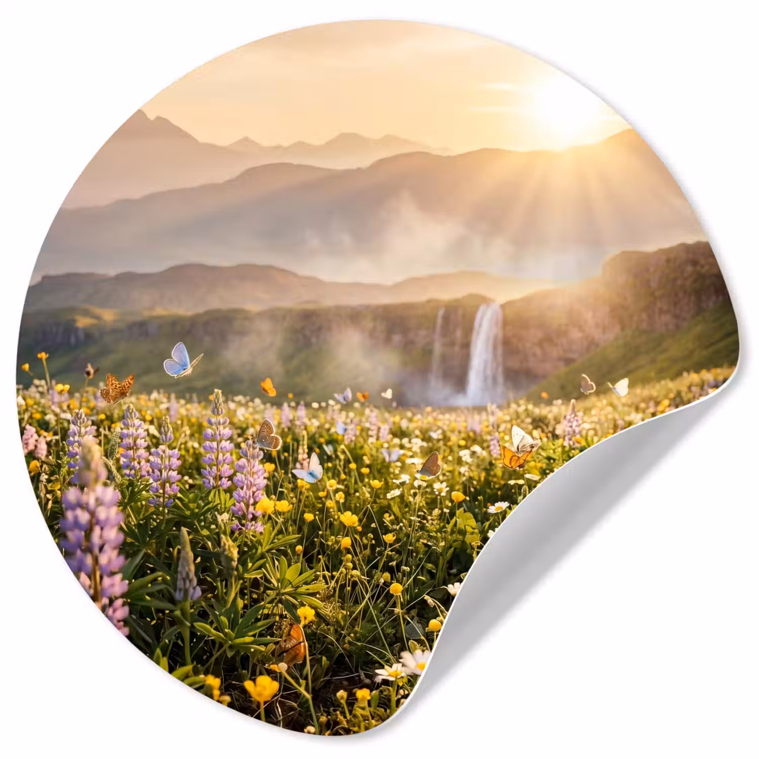 Vlinders - Waterval - Bloemenveld Wandcirkel behangsticker klein -3d