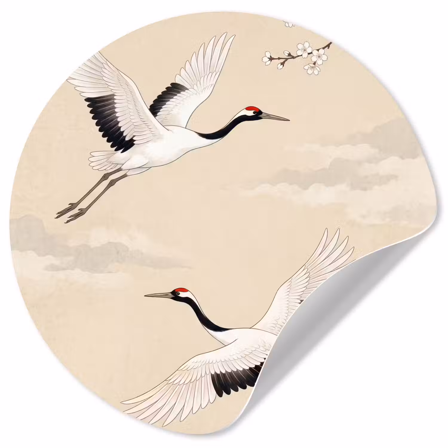 Kraanvogels - Bloesem - Beige Wandcirkel behangsticker klein -3d