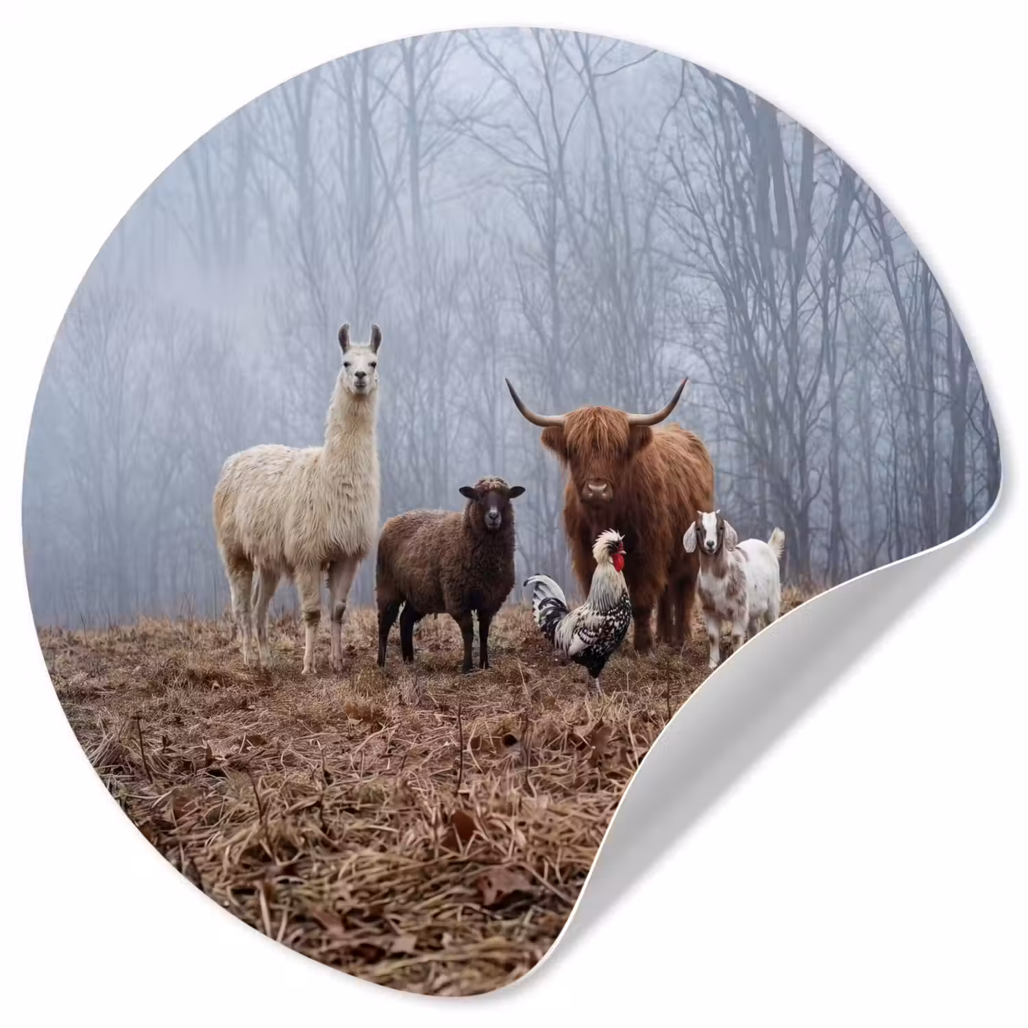 Boerderijdieren - Groep - Mist - Natuur - Rustiek Wandcirkel behangsticker klein -3d