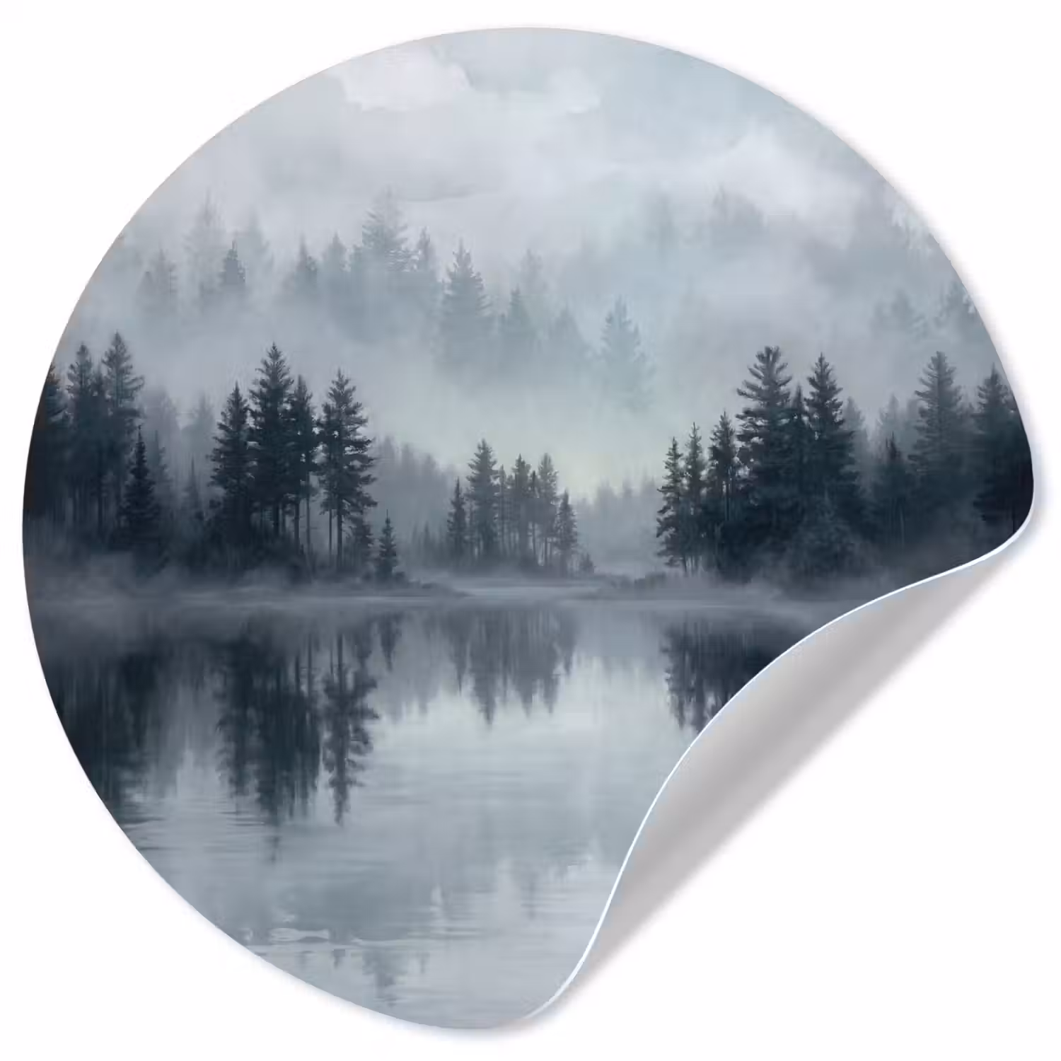 Bos - Meer - Mist - Natuur - Grijs Wandcirkel behangsticker klein -3d