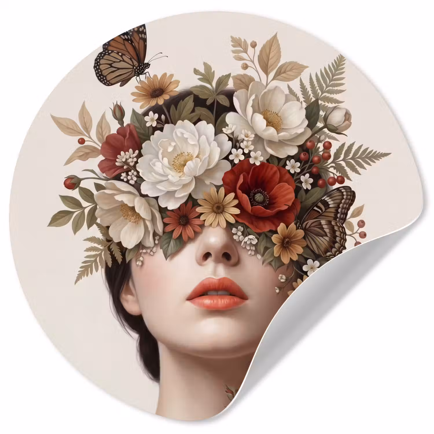 Portret - Bloemen - Cremé Wandcirkel behangsticker klein -3d