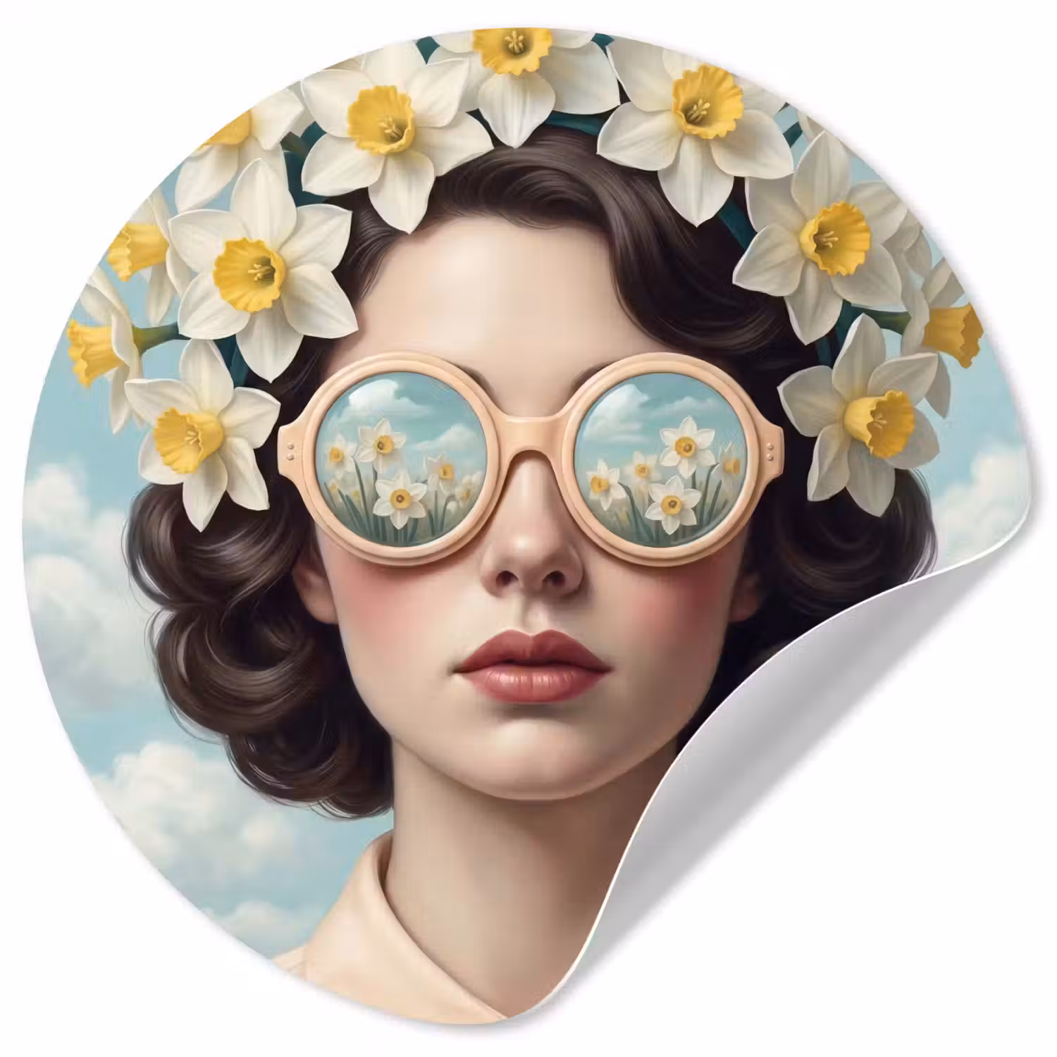 Vrouw - Narcissen - Geel Wandcirkel behangsticker klein -3d