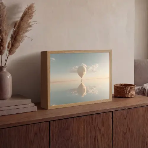Luchtballon - Wolken - Water - Blauw Light Box met batterij (Wandlamp) middel -sfeer2