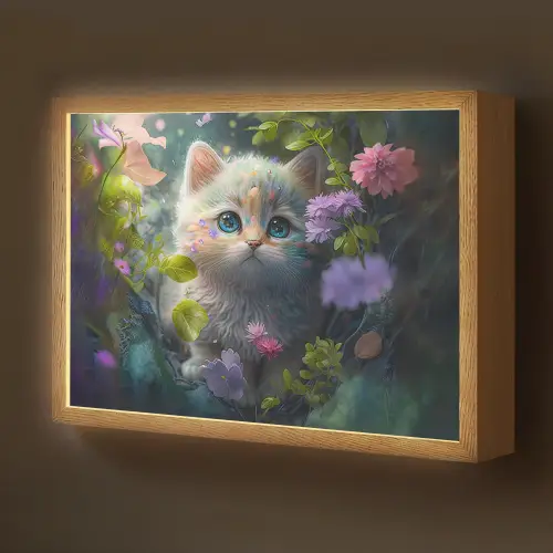Kitten - Bloemen - Bos - Illustratie - Poes Light Box met batterij (Wandlamp kind) middel -z3d_website