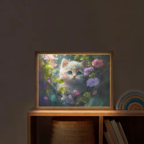 Kitten - Bloemen - Bos - Illustratie - Poes Light Box met batterij (Wandlamp kind) middel -sfeer1_kind