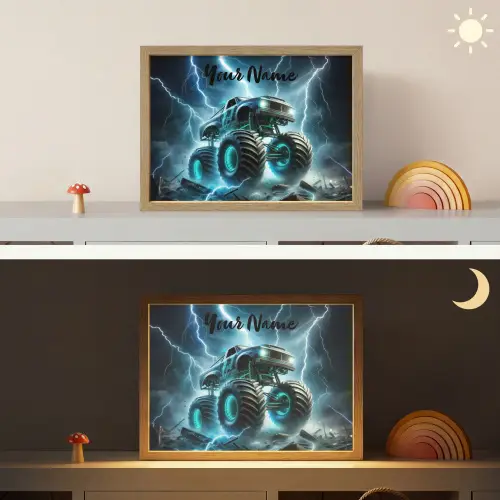 Monstertruck - Bliksem - Blauw - Jongens - Auto Light Box met batterij (Wandlamp kind) middel -sfeer3_kind