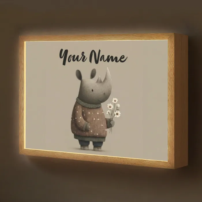 Neushoorn - Witte bloemen - Lief Light Box met batterij (Wandlamp kind) middel -z3d_website
