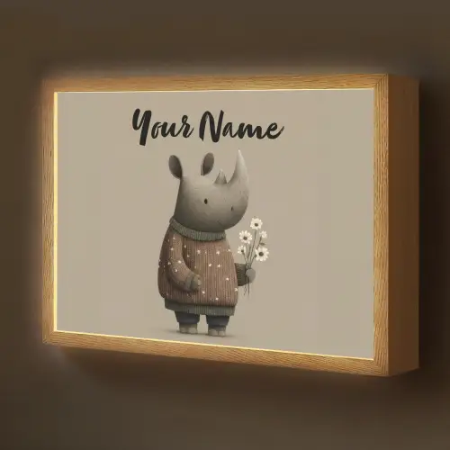 Neushoorn - Witte bloemen - Lief Light Box met batterij (Wandlamp kind) middel -z3d_website