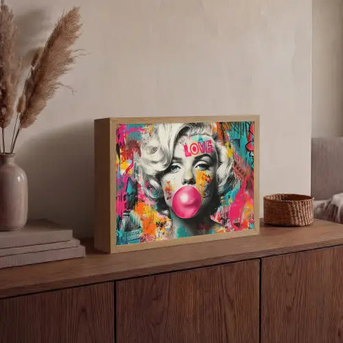 Vrouw - Kauwgom - Graffiti - Neonkleuren Light Box met batterij (Wandlamp) middel -sfeer2