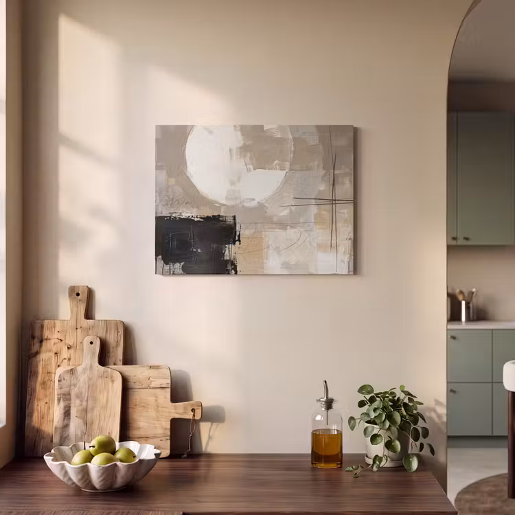 Abstract - Cirkel - Modern - Beige - Zwart - Minimalistisch PET vilt klein -sfeer2