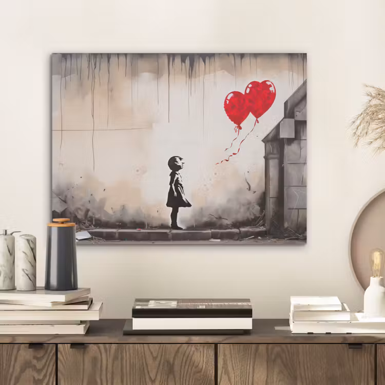 Kunst - Meisje - Ballonnen - Hart - Grijs PET vilt klein -sfeer1