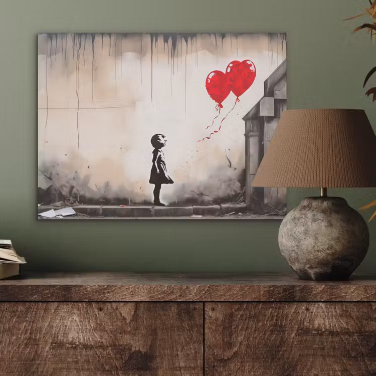 Kunst - Meisje - Ballonnen - Hart - Grijs PET vilt klein -sfeer2