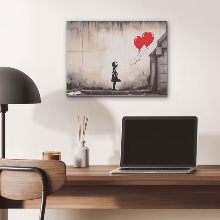 Kunst - Meisje - Ballonnen - Hart - Grijs PET vilt klein -sfeer5