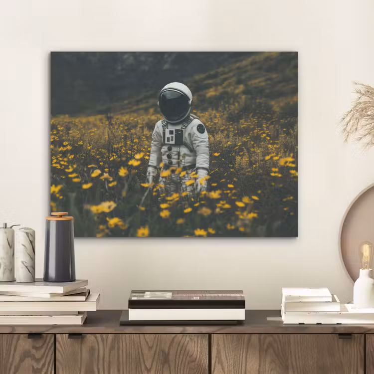 Astronaut - Bloemen - Veld - Geel PET vilt klein -sfeer1