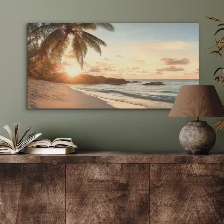 Strand - Palmbomen - Oceaan - Zonsondergang PET vilt middel -sfeer2