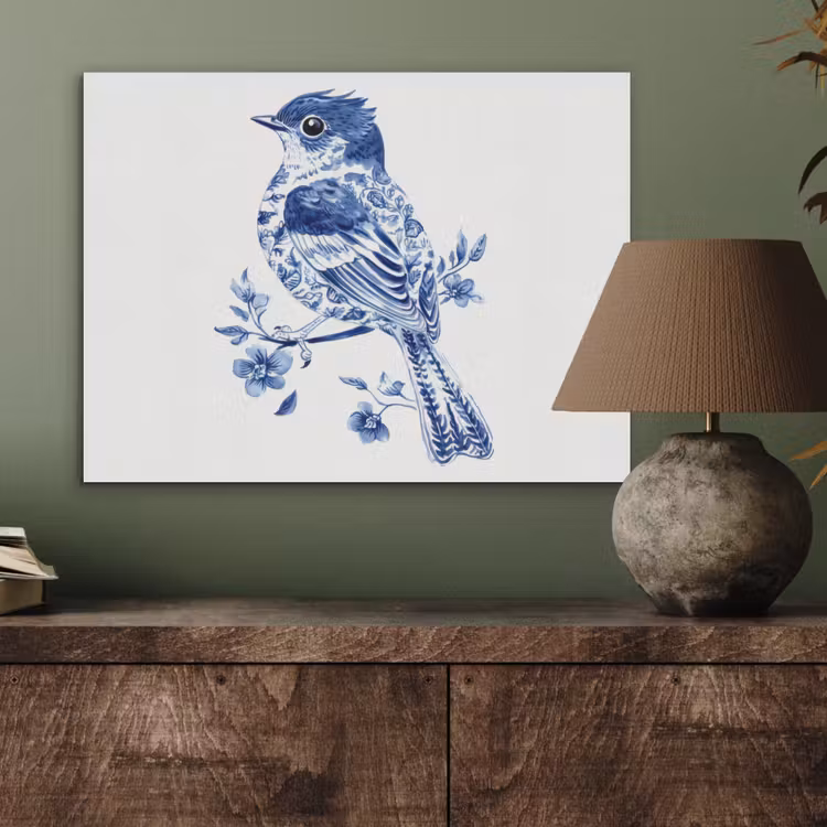 Vogel - Delfts blauw - Illustratie - Bloemen PET vilt klein -sfeer2