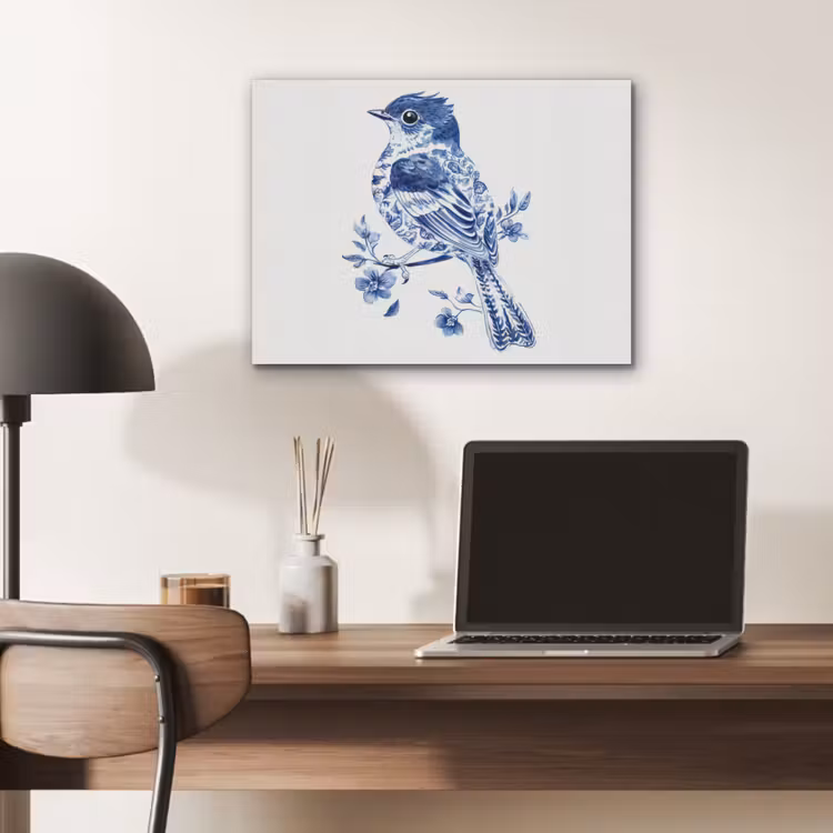 Vogel - Delfts blauw - Illustratie - Bloemen PET vilt klein -sfeer5