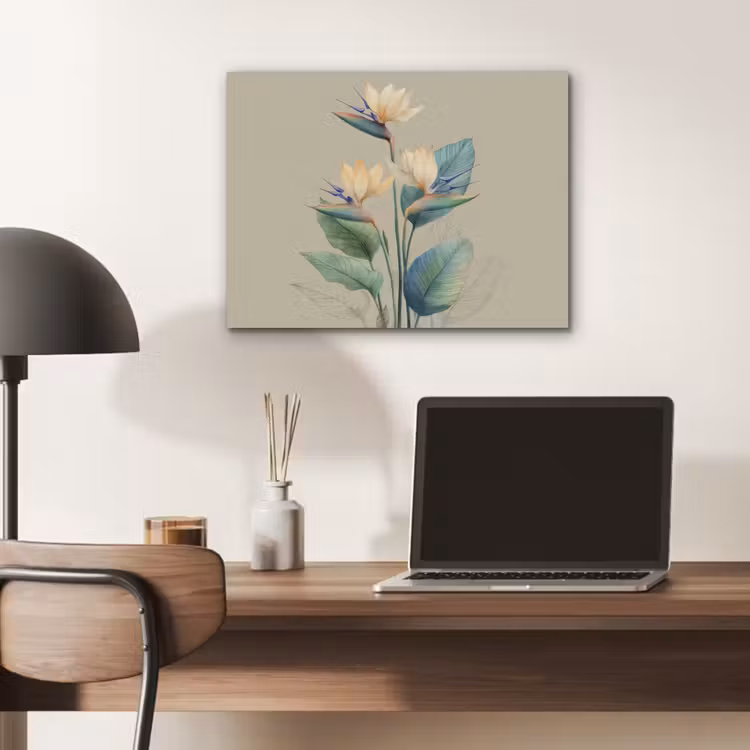 Paradijsvogelbloemen - Blauwgroene bladeren - Beige PET vilt klein -sfeer5