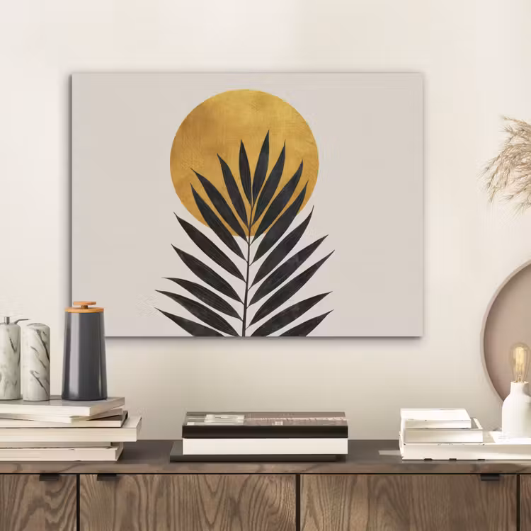 Zwart palmblad - Gouden cirkel - Beige achtergrond PET vilt klein -sfeer1