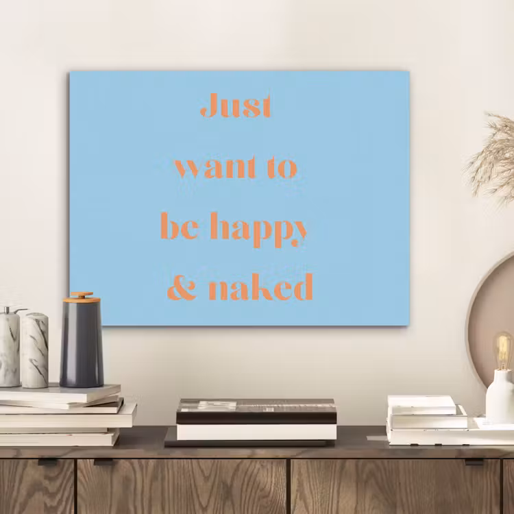 Blauw - Oranje - Just want to be happy & naked PET vilt klein -sfeer1