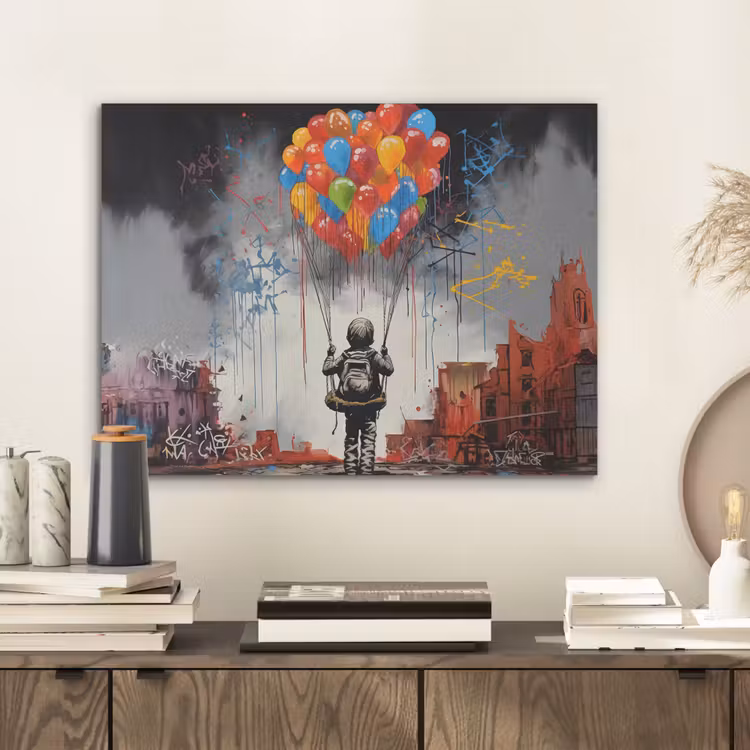 Jongen - Ballonnen - Gebouwen - Kunst PET vilt klein -sfeer1