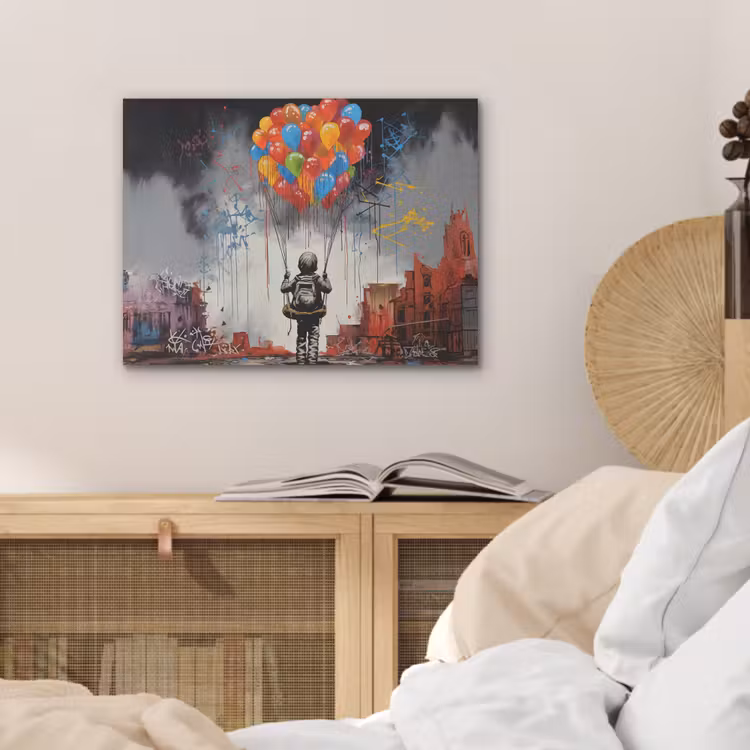 Jongen - Ballonnen - Gebouwen - Kunst PET vilt klein -sfeer3
