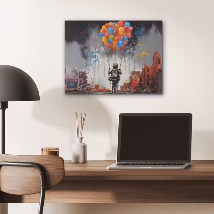 Jongen - Ballonnen - Gebouwen - Kunst PET vilt klein -sfeer5