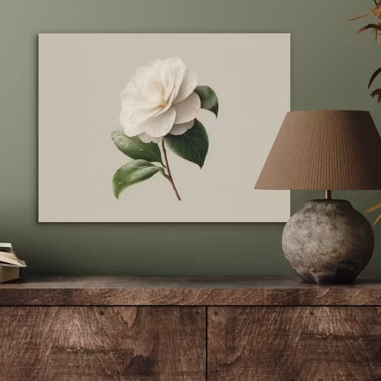 Cameliabloem - Wit - Groen PET vilt klein -sfeer2
