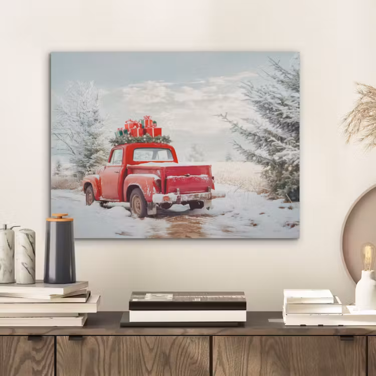 Auto - Rood - Cadeaus - Winter - Sneeuw - Kerst PET vilt klein -sfeer1