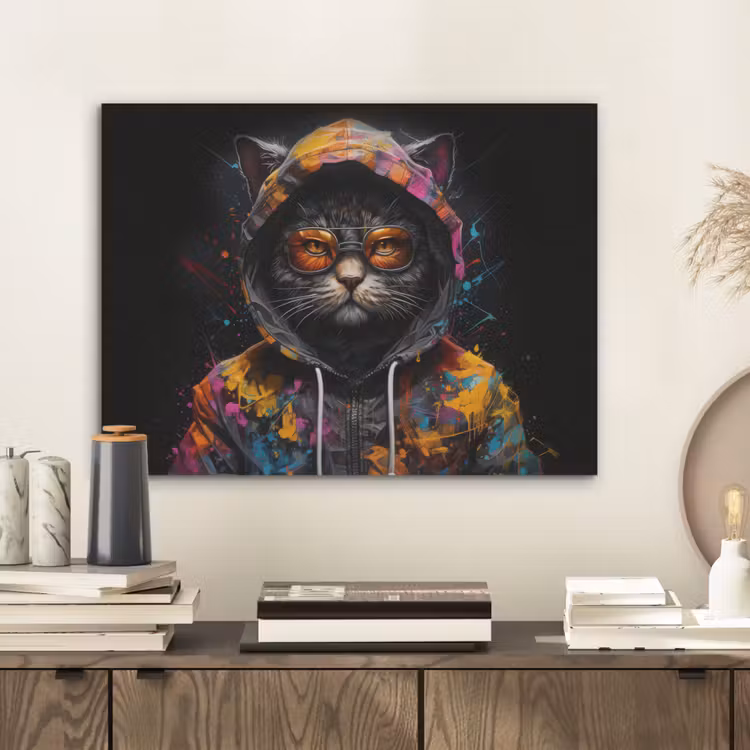 Kat - Jas - Graffiti - Bril - Zwart PET vilt klein -sfeer1