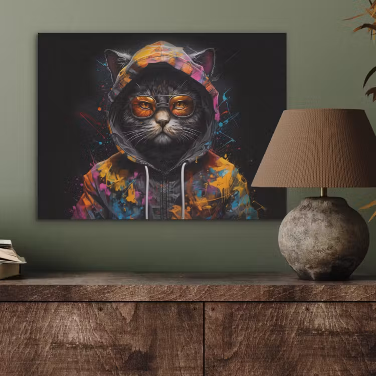 Kat - Jas - Graffiti - Bril - Zwart PET vilt klein -sfeer2