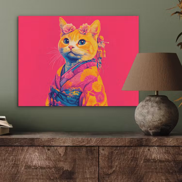 Kat - Kimono - Bloemen - Roze PET vilt klein -sfeer2