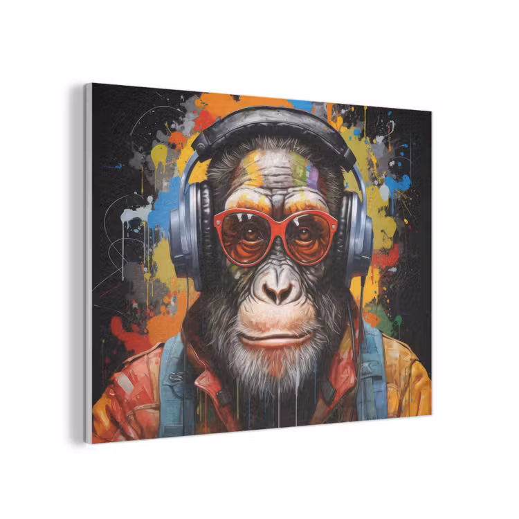 Chimpansee - Aap - dieren - Graffiti - Bril - Koptelefoon - Kleuren PET vilt klein -3d