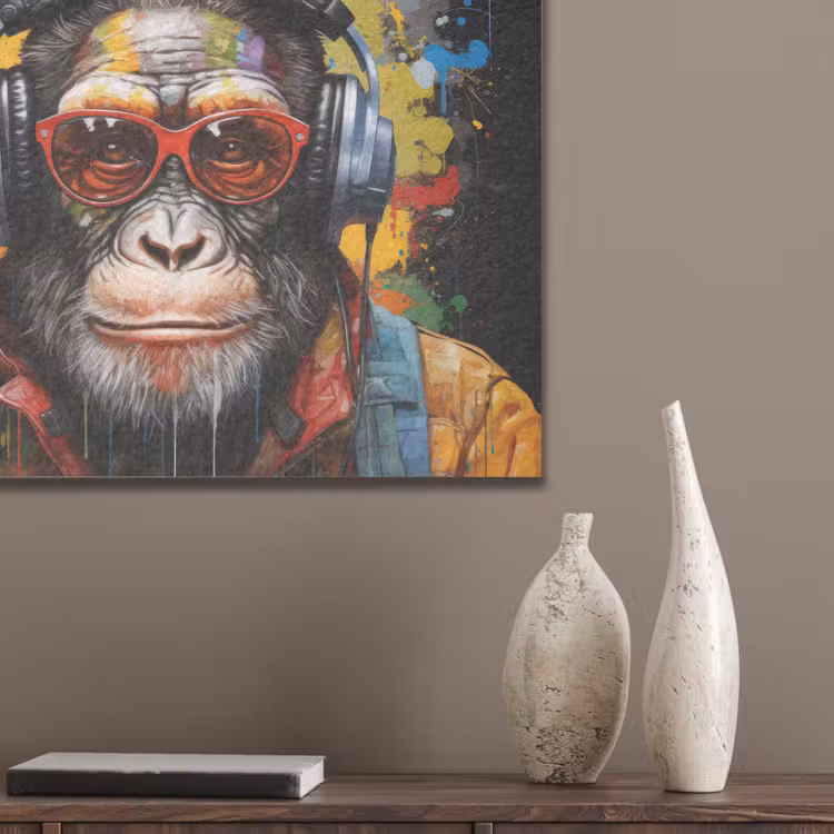 Chimpansee - Aap - dieren - Graffiti - Bril - Koptelefoon - Kleuren PET vilt klein -sfeer6_closeup