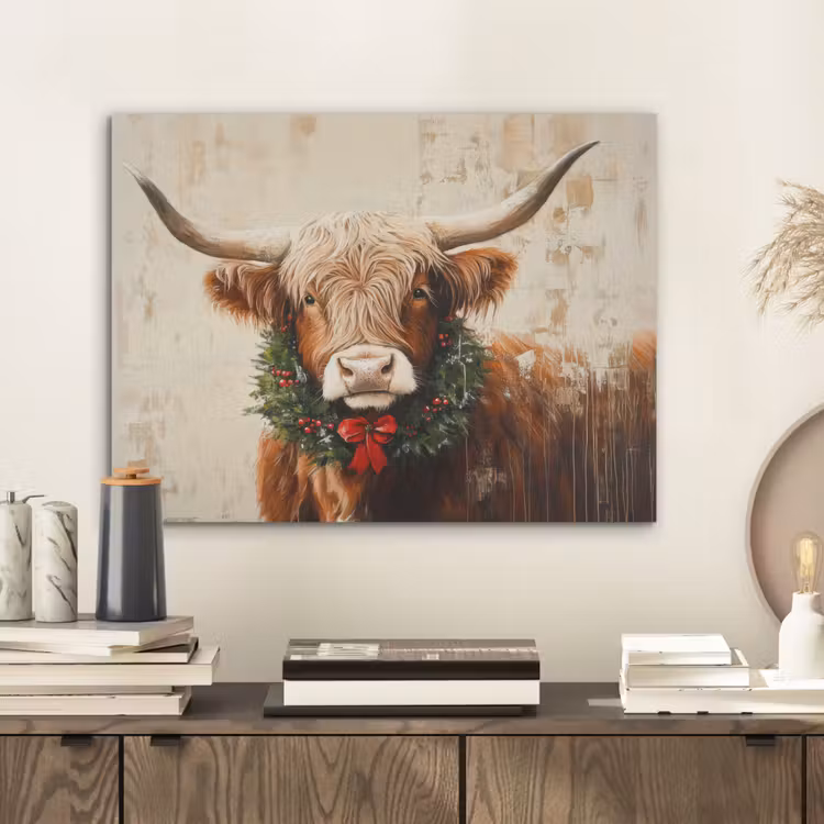 Kerst - Schotse Hooglander - Bruin - Krans PET vilt klein -sfeer1