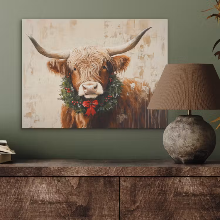 Kerst - Schotse Hooglander - Bruin - Krans PET vilt klein -sfeer2